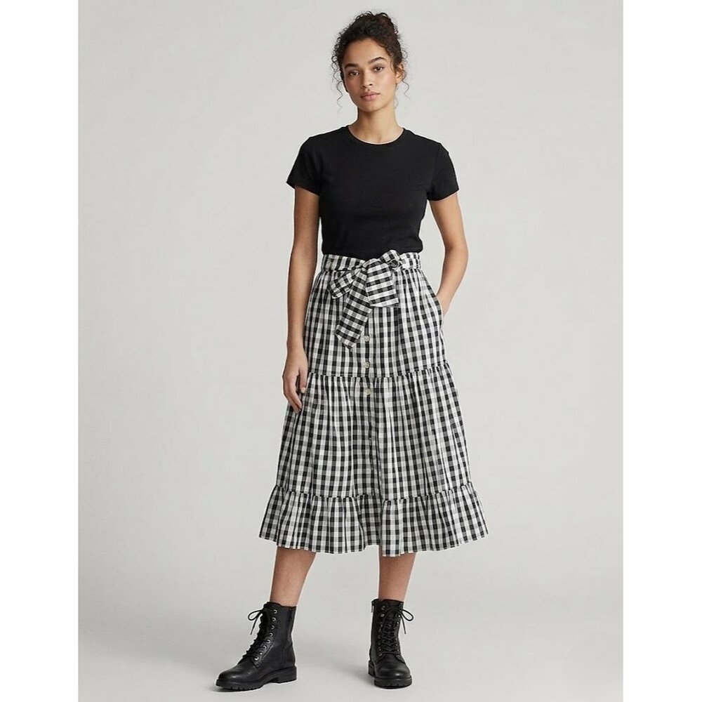 NWT Polo Ralph Lauren Tiered Silk Midi in Black White Gingham Button Skirt 2